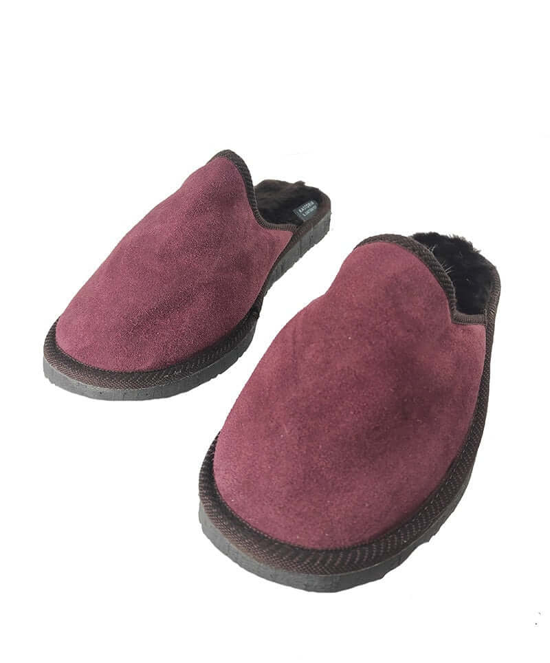 Leather Fur Sheepskin Slippers for Men Burgundy - luxurious burgundy slippers made of genuine leather and sheepskin wool.
