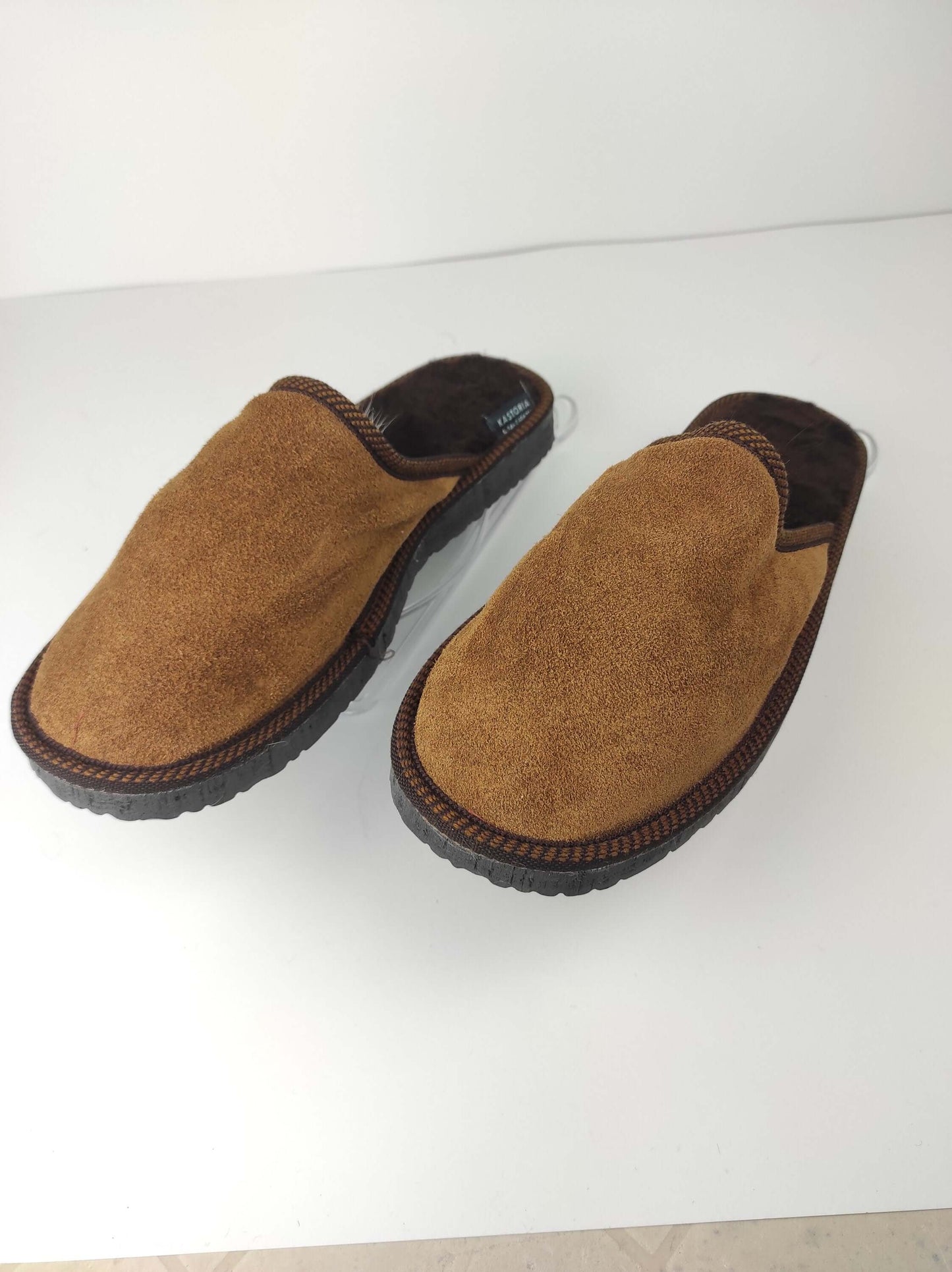 Leather Fur Sheepskin Brown Slippers for Men - Tatifurs, featuring soft suede exterior and comfortable sole.
