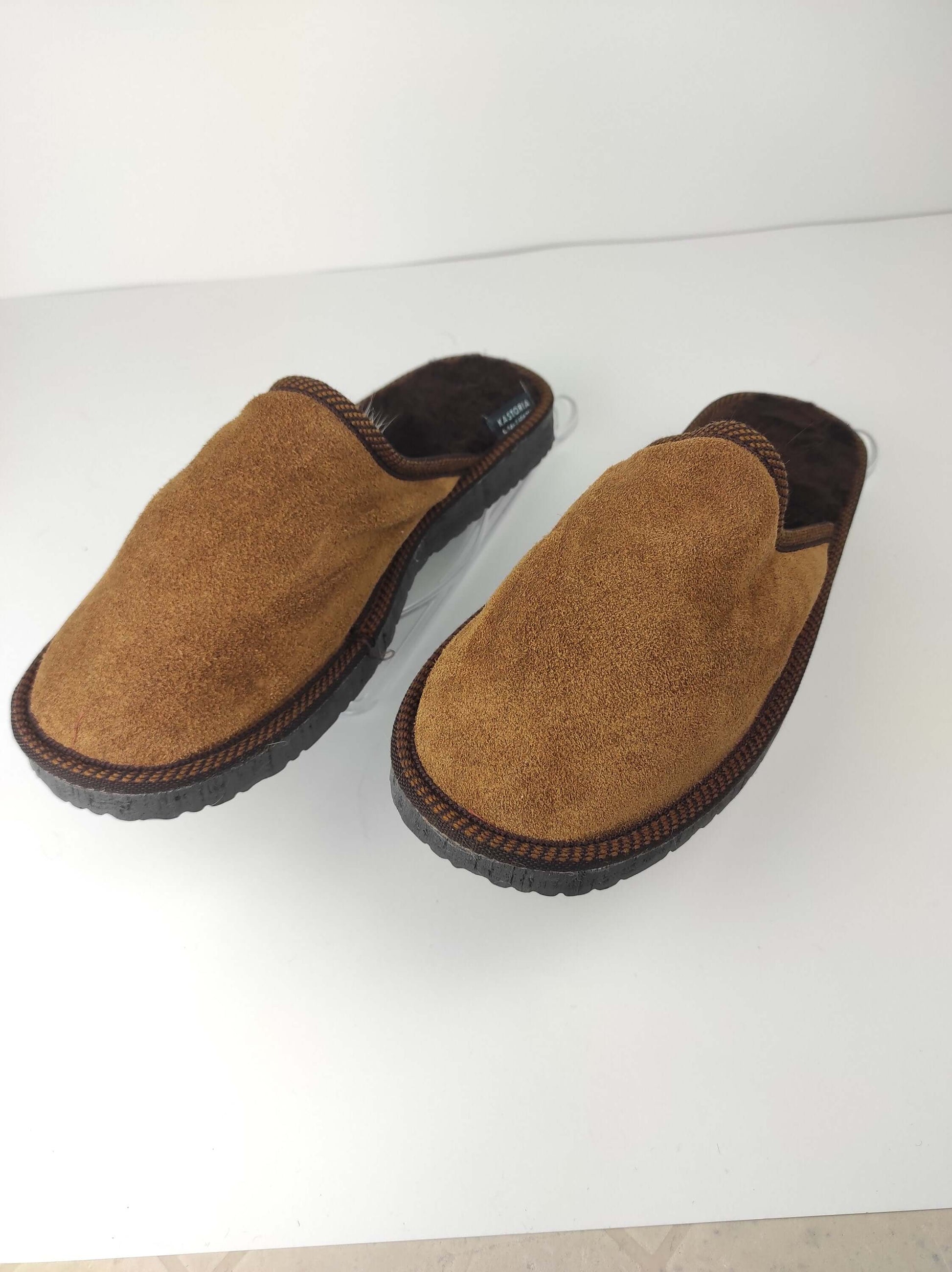 Leather Fur Sheepskin Brown Slippers for Men - Tatifurs, featuring soft suede exterior and comfortable sole.