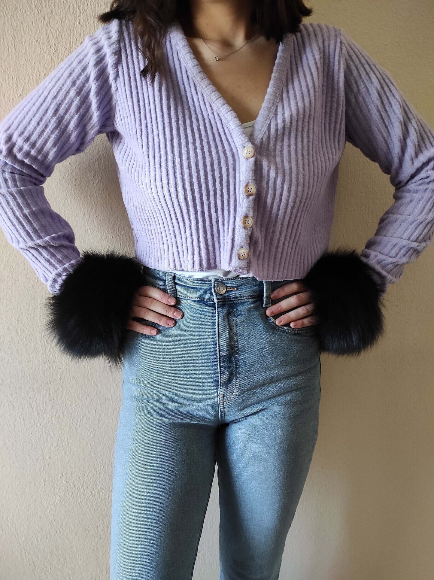Black Fox Fur Cuffs - Tatifurs styled with a purple ribbed cardigan, adding elegance to a casual outfit.