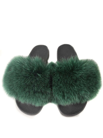 Fox Fur Slides Green - Tatifurs, luxurious green fur slides for women, perfect for stylish everyday wear.