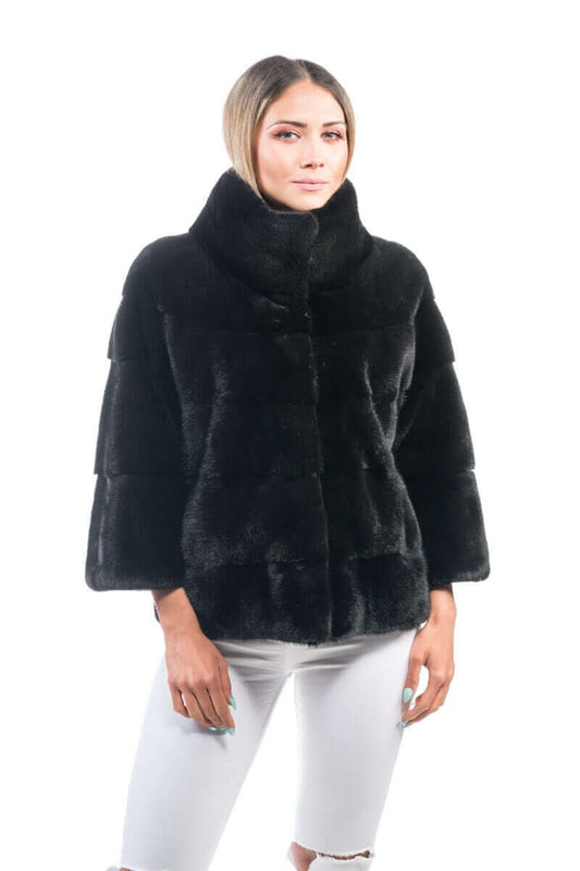 Mink Fur Jacket Black with collar - Tatifurs, a luxurious short jacket in pure black mink with a stylish collar.