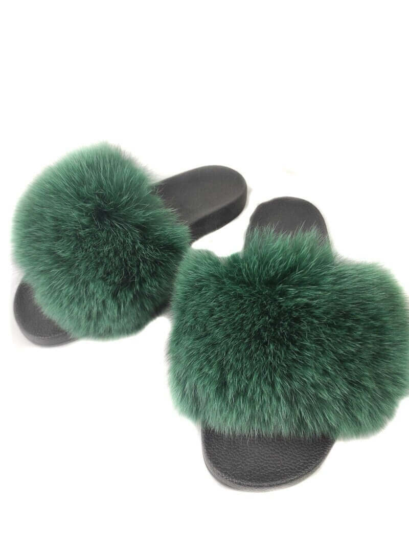 Fox Fur Slides Green - Tatifurs, luxurious green fur slides for women, perfect for everyday wear.