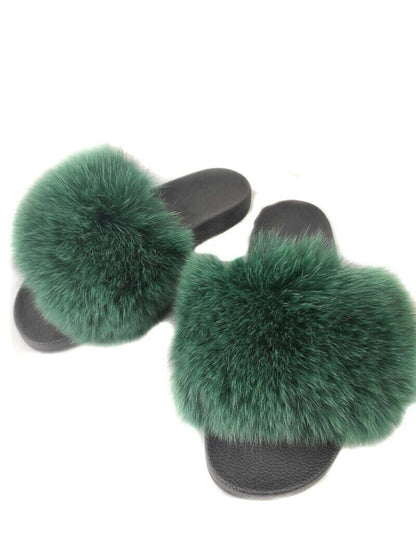Fox Fur Slides Green - Tatifurs, luxurious green fur slides for women, perfect for everyday wear.