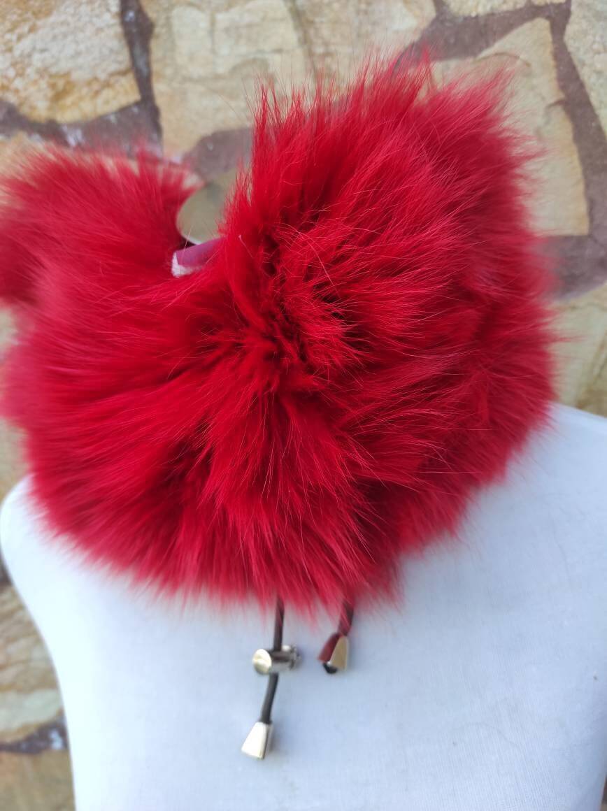 Red Fox Fur Neck Warmer Scarf - Tatifurs in vibrant red, soft and stylish statement accessory for winter fashion.