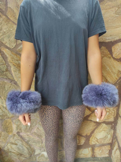 Purple Fox Fur Cuffs – 100% Real Fur - Tatifurs displayed on a model, showcasing their elegant design and rich color.