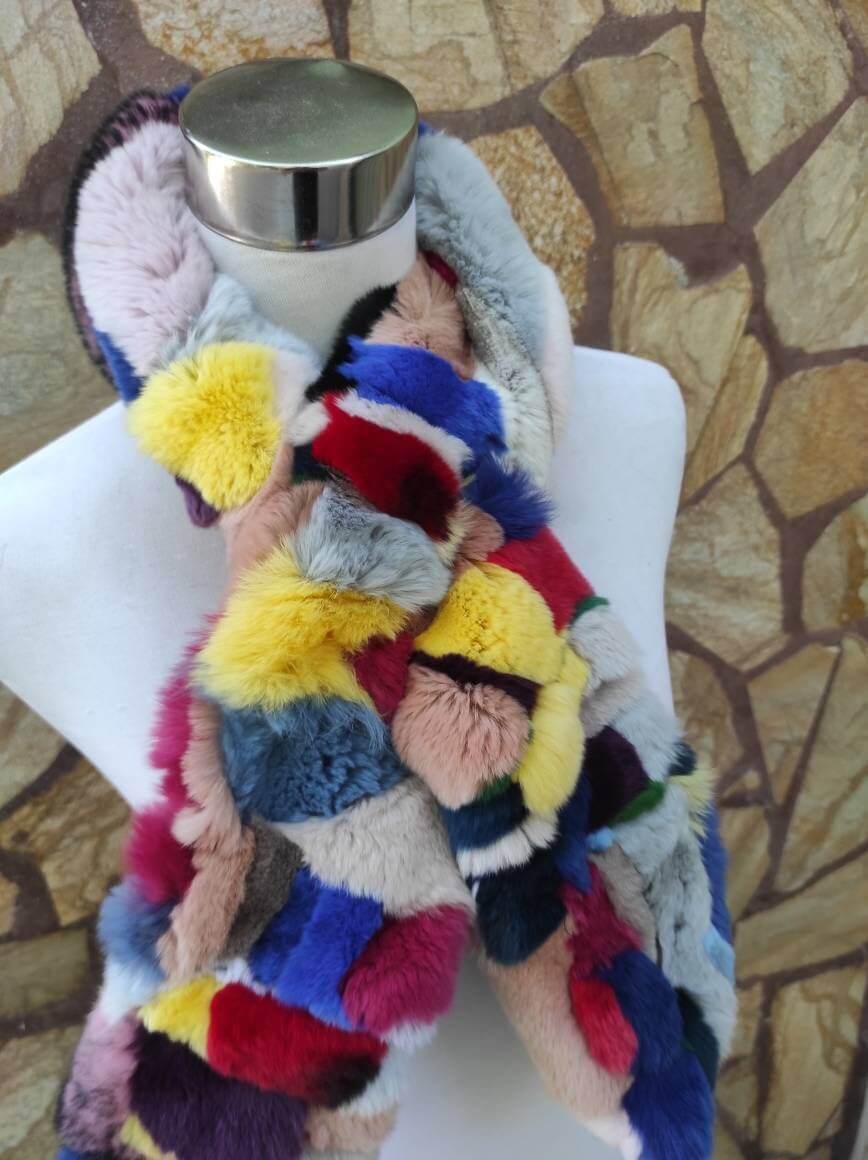 Rex Rabbit Fur Scarf Colorful - Tatifurs featuring vibrant colors and luxurious softness on a mannequin.