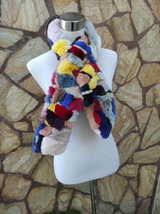 Colorful rex rabbit fur scarf, pull through hole. Real fur, handcrafted in Greece. Free worldwide shipping. TatiFurs.
