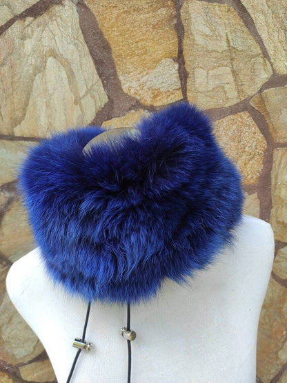 Fox Fur Scarf Neck Warmer Blue - Tatifurs displayed on a mannequin, showcasing vibrant blue fox fur.