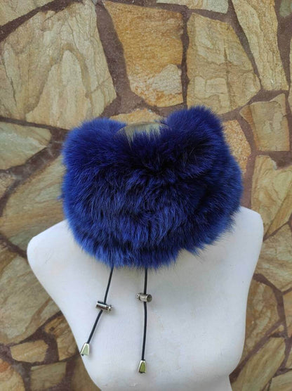 Fox Fur Scarf Neck Warmer Blue - Tatifurs displayed on a mannequin with a stylish design.