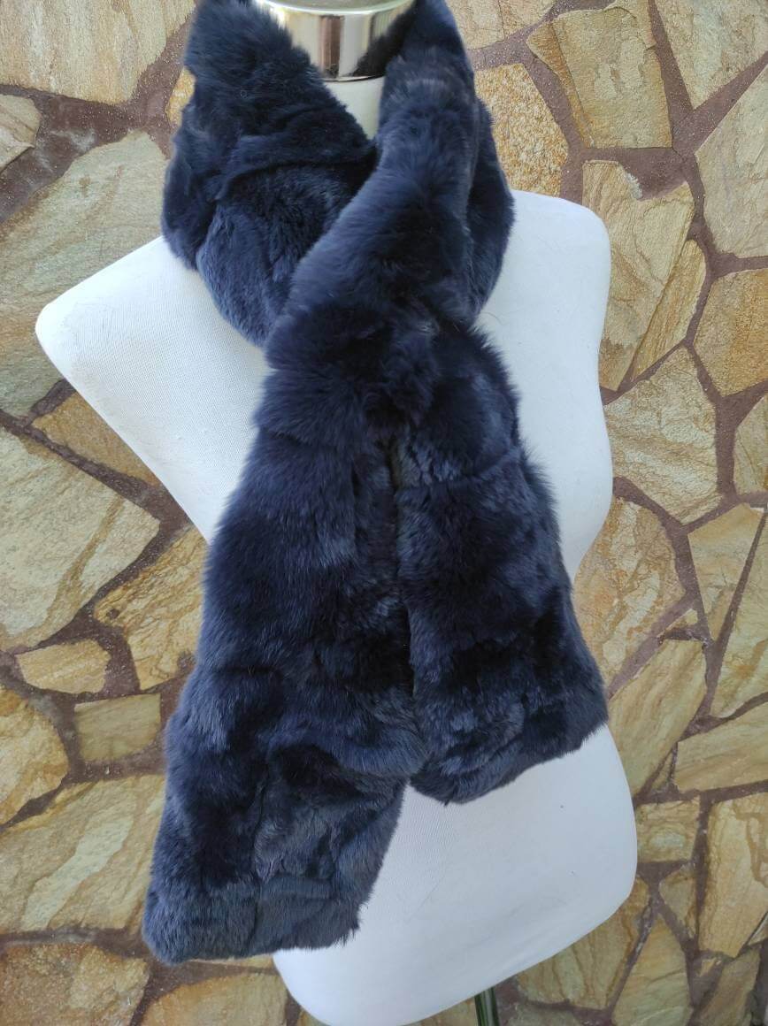 Rex Rabbit Fur Scarf Navy Blue - Tatifurs, luxurious dark blue rex rabbit fur scarf displayed on a mannequin.