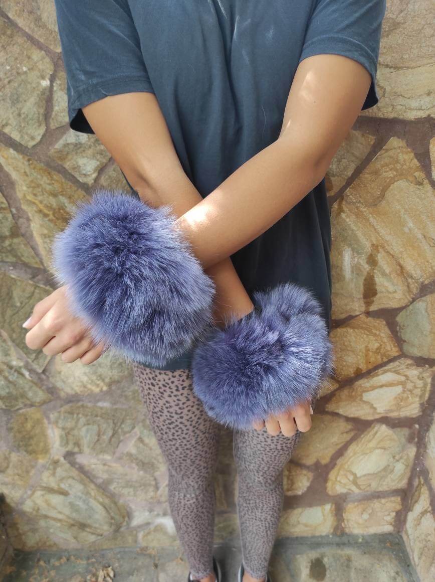 Purple Fox Fur Cuffs – 100% Real Fur - Tatifurs worn on wrists showcasing luxurious purple fur.