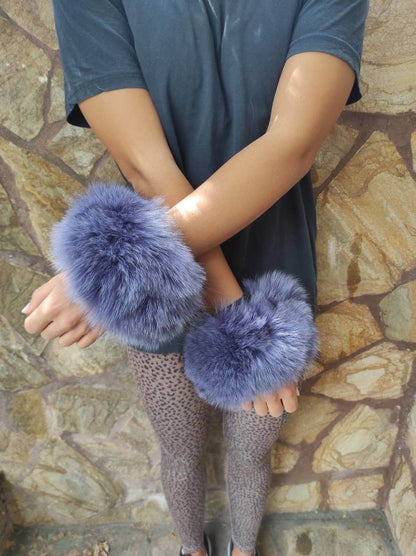 Purple Fox Fur Cuffs – 100% Real Fur - Tatifurs worn on wrists showcasing luxurious purple fur.
