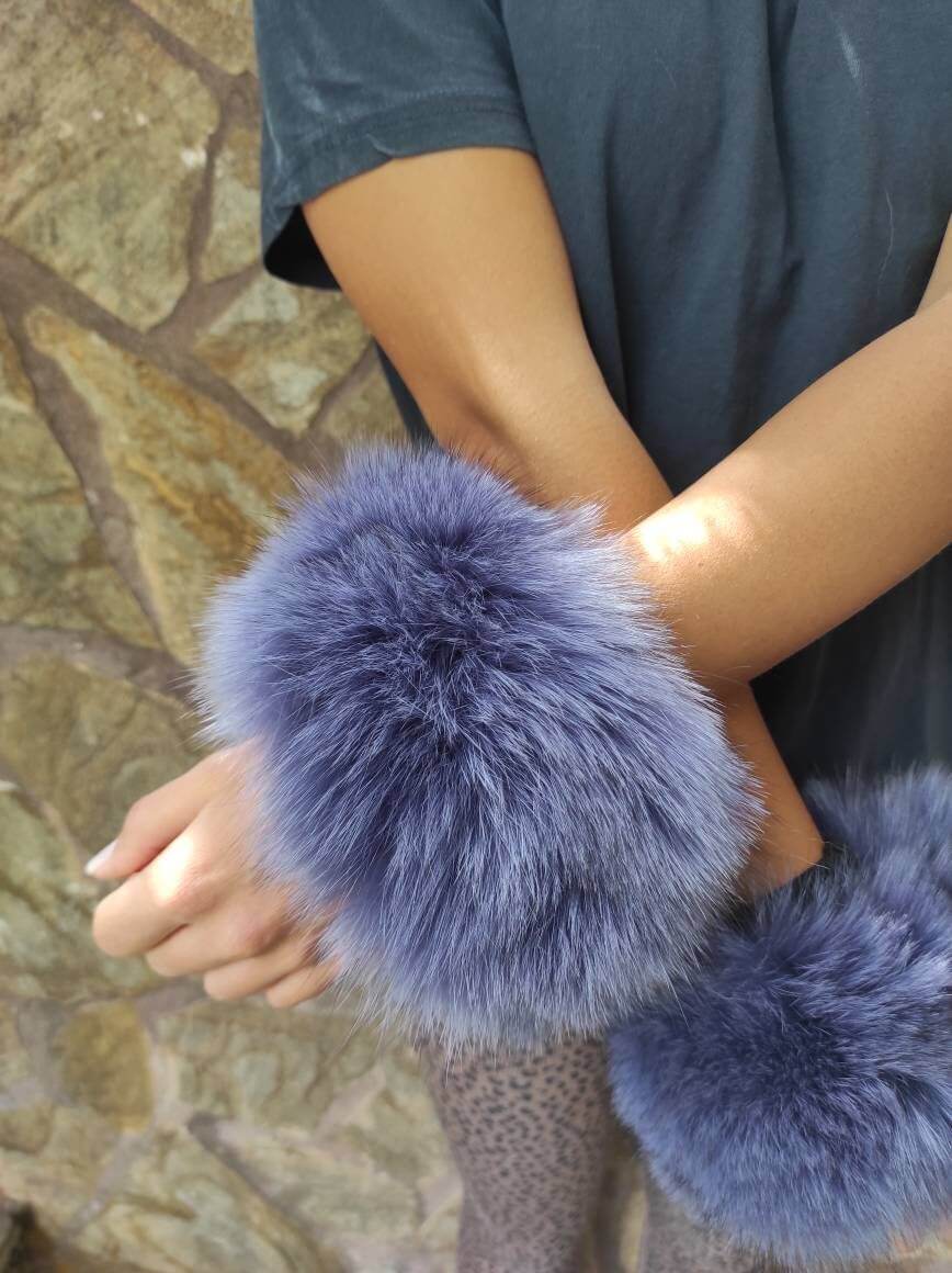 Purple Fox Fur Cuffs – 100% Real Fur - Tatifurs worn elegantly on wrists, showcasing rich, deep purple color.