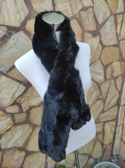 Black rex rabbit fur scarf with pull through hole — front view, TatiFurs
