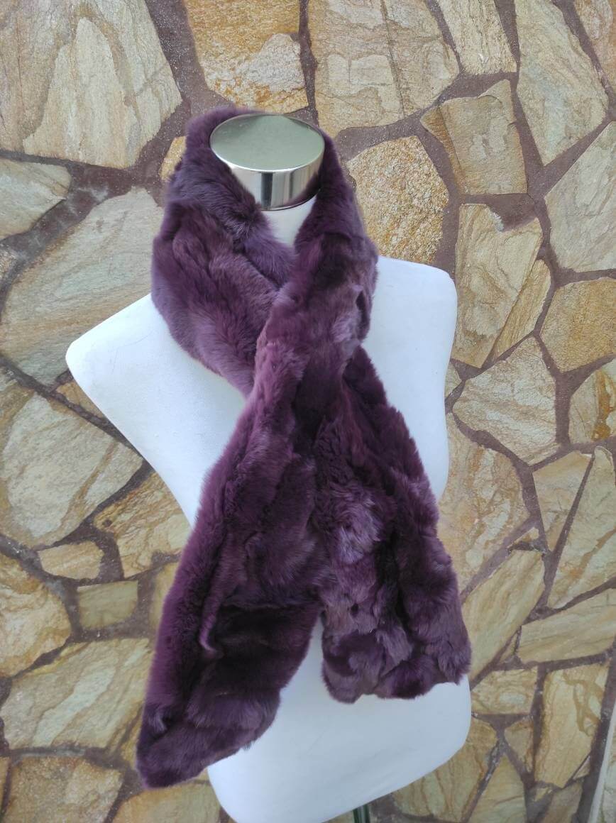 Rex Rabbit Fur Scarf Purple - Tatifurs displayed on a mannequin showcasing luxurious deep purple color and soft texture.