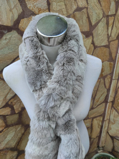 Rex Rabbit Fur Scarf Light Gray - Tatifurs displayed on a mannequin, showcasing its luxurious texture and neutral tones.