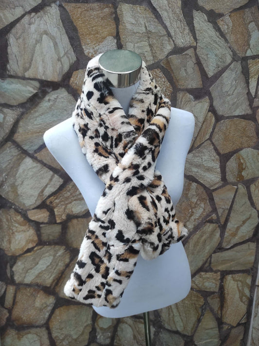 Beige leopard print rex rabbit fur scarf with pull through hole — front view, TatiFurs
