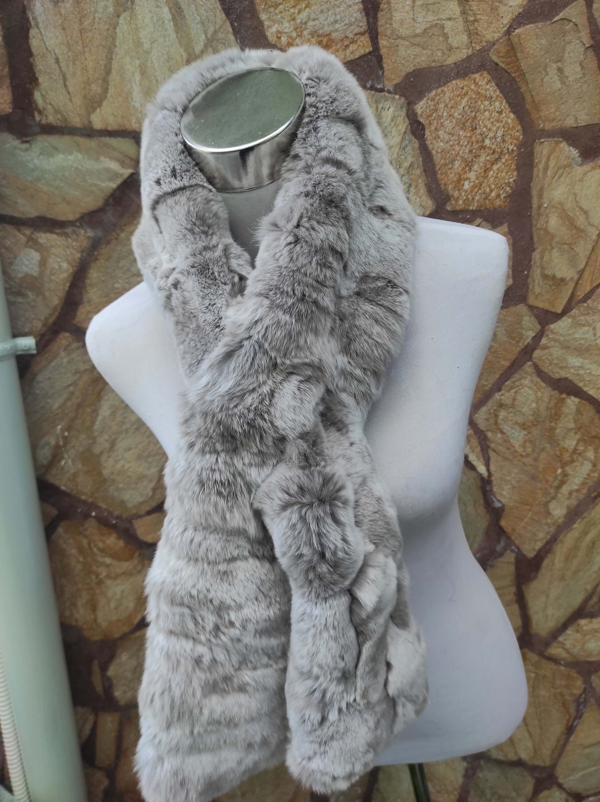 Rex Rabbit Fur Scarf Light Gray - Tatifurs displayed on a mannequin against a stone wall background.