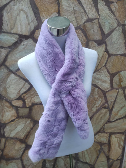 Rex Rabbit Fur Scarf Light Purple - Tatifurs displayed on a mannequin, showcasing its soft texture and elegant color.