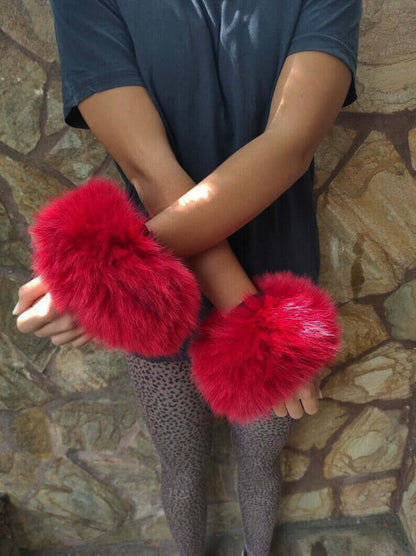 Red Fox Fur Cuffs - Tatifurs worn on wrists, bold red fox fur accessory enhancing fashion style.