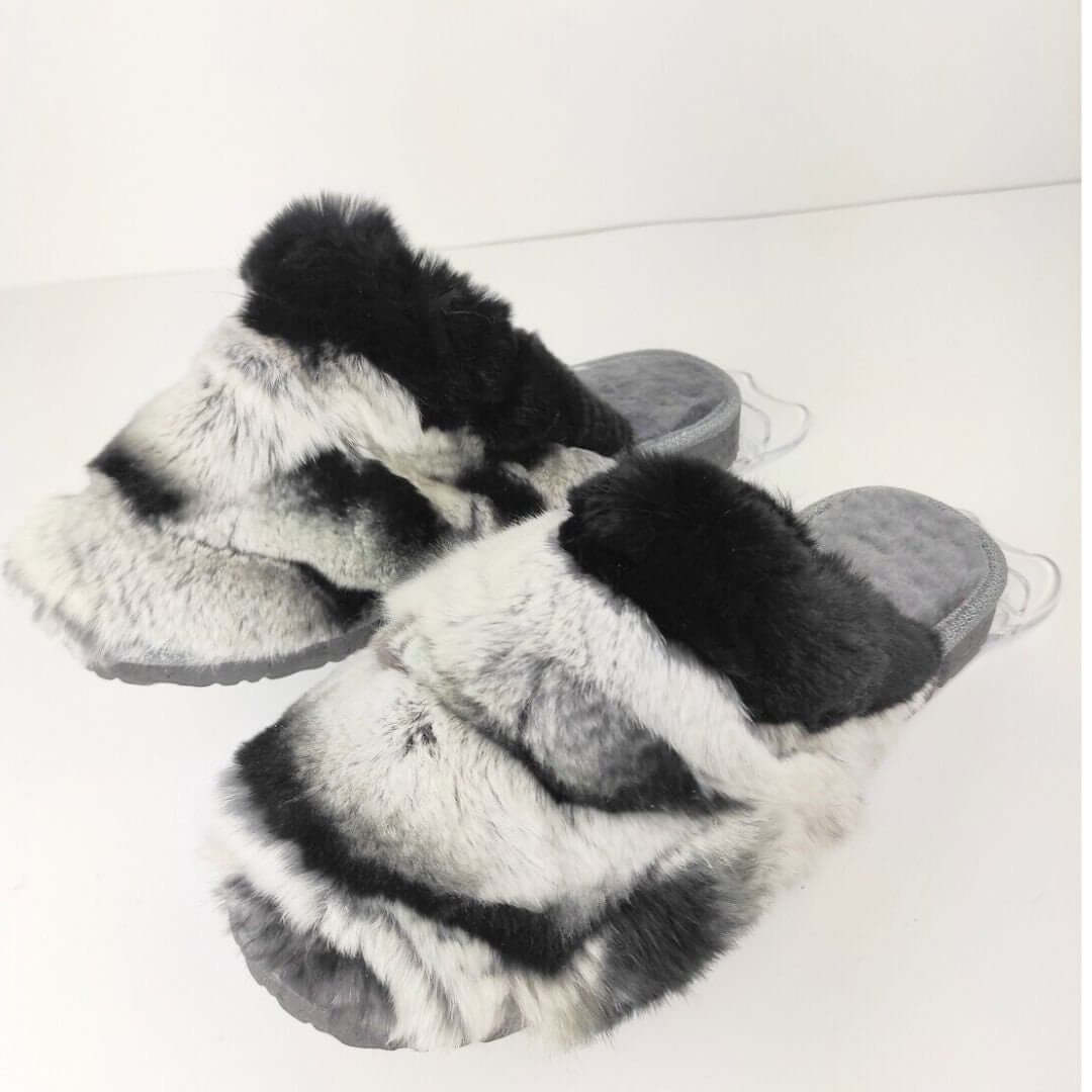 Sheepskin Wool Rabbit Fur Slippers Chinchilla Rex in stylish black and white design to enhance comfort and warmth.