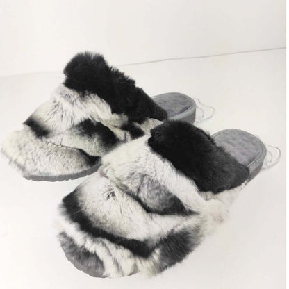 Sheepskin Wool Rabbit Fur Slippers Chinchilla Rex in stylish black and white design to enhance comfort and warmth.