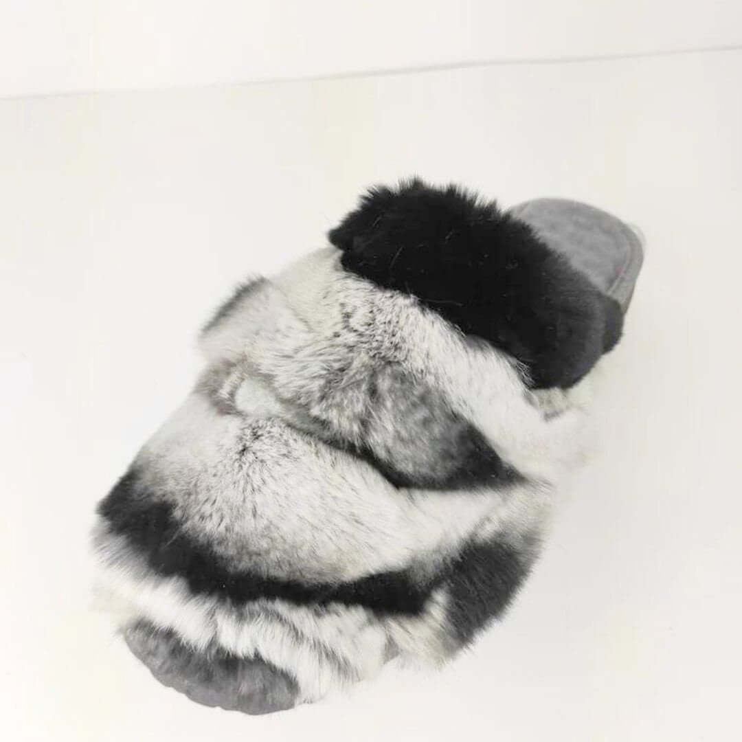 Sheepskin Wool Rabbit Fur Slippers Chinchilla Rex in gray and black fur for ultimate comfort and style.