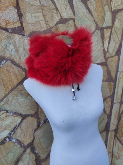 Red Fox Fur Neck Warmer Scarf - Tatifurs on display, showcasing bold red color and luxurious softness.